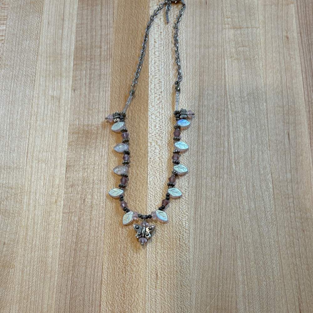 Handcrafted Silver-Tone Leaf and Pink Bead Necklace